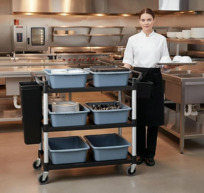 Plastic Service Utility Cart with Wheels, 550lbs Capacity, 6 Basin 2 Barrels Multipurpose Rolling 3-Tier Mobile Storage Organizer, for Warehouse Garage Industrial Cart