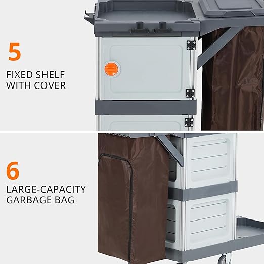 GarveeHome Commercial Janitorial Cart with 2 Cabinet, Traditional 3-Shelf Cleaning Cart On Wheels with Cover and Vinyl Bag, for Housekeeping Hotels Apartment