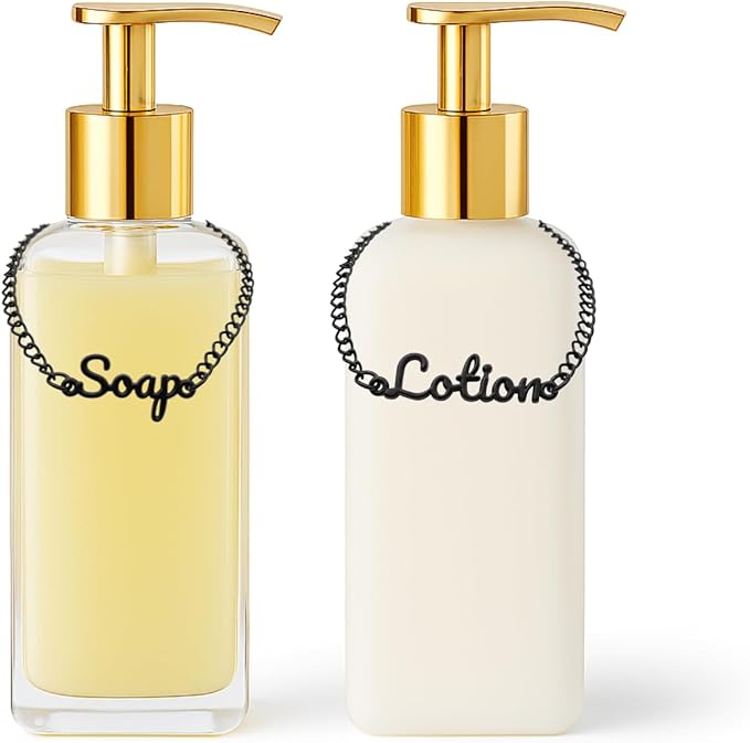 Soap and Lotion Label Tags – Handwritten Zinc Alloy Dispenser Charms – Rust Resistant- Elegant Black Finish – Vintage, Modern, Minimalist Decor – 2-Pcs