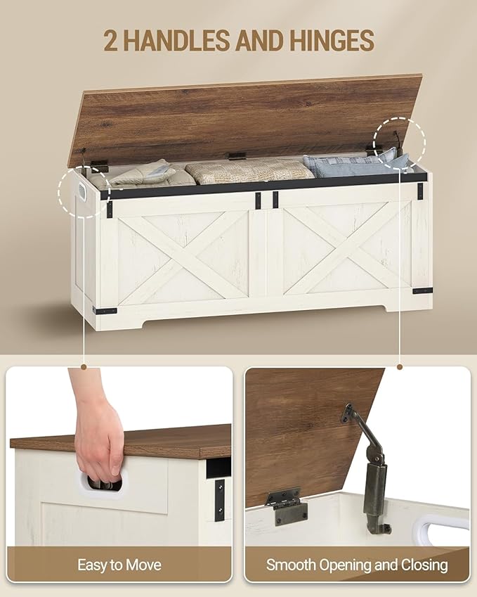 47.2" Storage Chest, Large Storage Trunk with 2 Hinges, Farmhouse Wooden Box Bench, Lift-Top Organizer Chest, Entryway Trunk for Bedroom, Living Room, White and Brown SB12114X