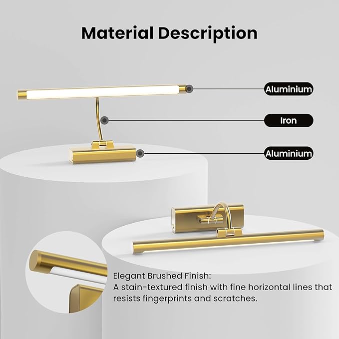 16" Gallery Picture Light with 1pcs Extra 6000mAh Battery- Brass Cordless Rechargeable Wall Sconce with Remote for Library, Study Room, Art & Renter Use