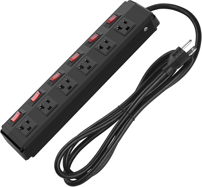 CCCEI Metal Power Strip Individual Switches 6 Outlets, Heavy Duty Power Strip 20Amp Surge Protector for Appliances, 15FT Extension Cord Strip, 1200J Surge Protector 20A 125V 2500W.
