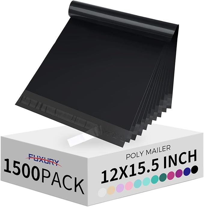 Fuxury 1500 Pcs 12x15.5" Poly Mailers,Waterproof Mailing Envelopes for Clothing, Strong Adhesive Poly Shipping Postage Bags for Small Business(Black)