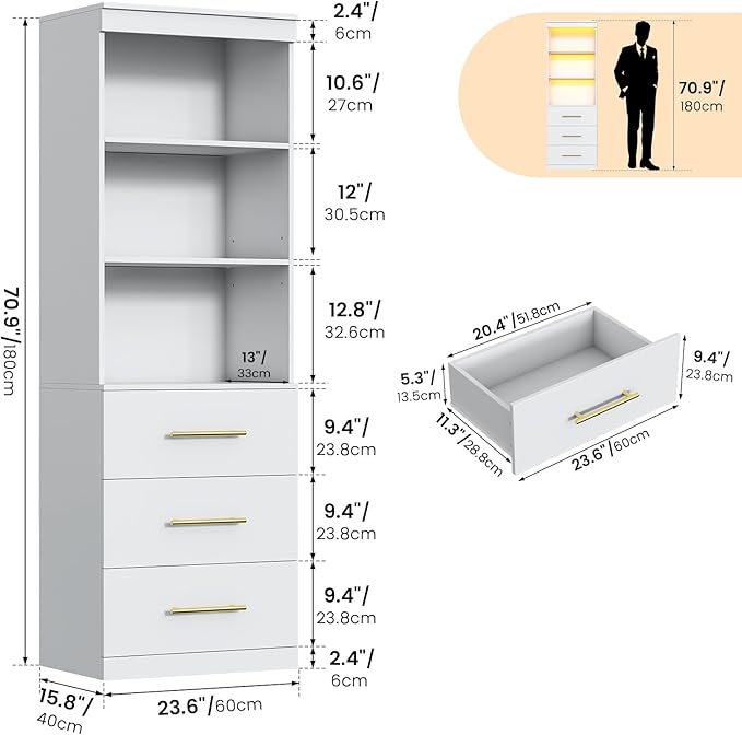 Winkalon 71“H White Bookshelf with LED Light, Bookcase and Bookshelf with Drawers, Tall Bookcase Tall Storage Cabinet 3-Tier Open Shelves for Home Office Living Room Bedroom, 15.8"D x 23.6"W x 70.9"H