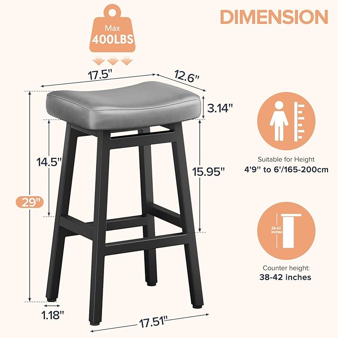 29 Inches Bar Stools Set of 2, Bar Height Barstools for Home Counter, Blackless Barstool with Bonded Leather Saddle Seats & Heavy Duty Metal Legs, Easy Assembly, Gray/Black