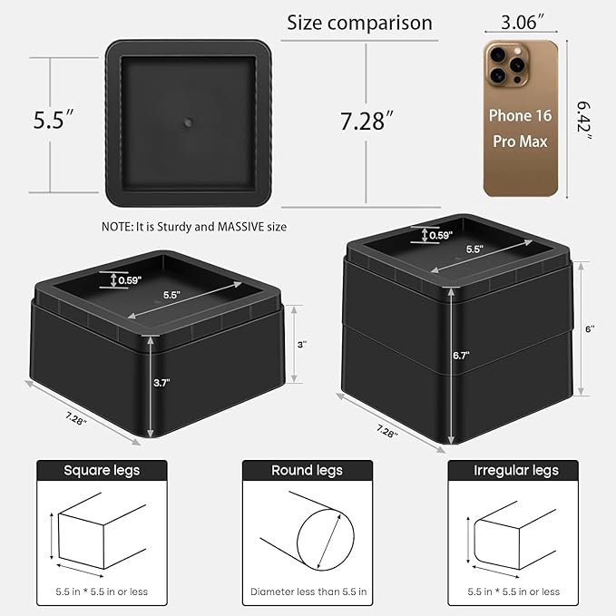 Oversized Heavy Duty Bed Risers & Furniture Risers - Stackable Supports 12000 Lbs,Furniture Lifter/Square Bed Raising Blocks for Sofas, Couches, Desks(Black 8 Pack, Fits Huge 5.5 inch × 3 inch)