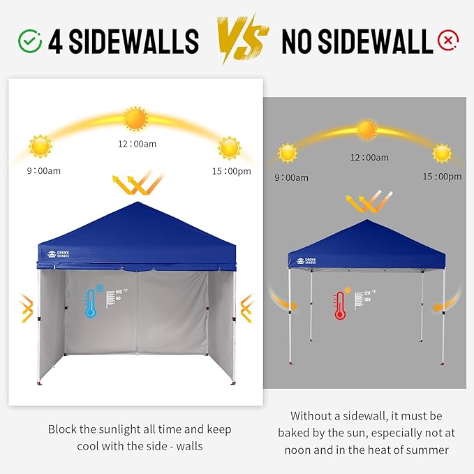 CROWN SHADES 10X10 Comercial Instant Canopy Pop Up Tent with Center Lock, 300D Fabric, 4 Sidewalls, Sto'N Go Bag, Navy Blue