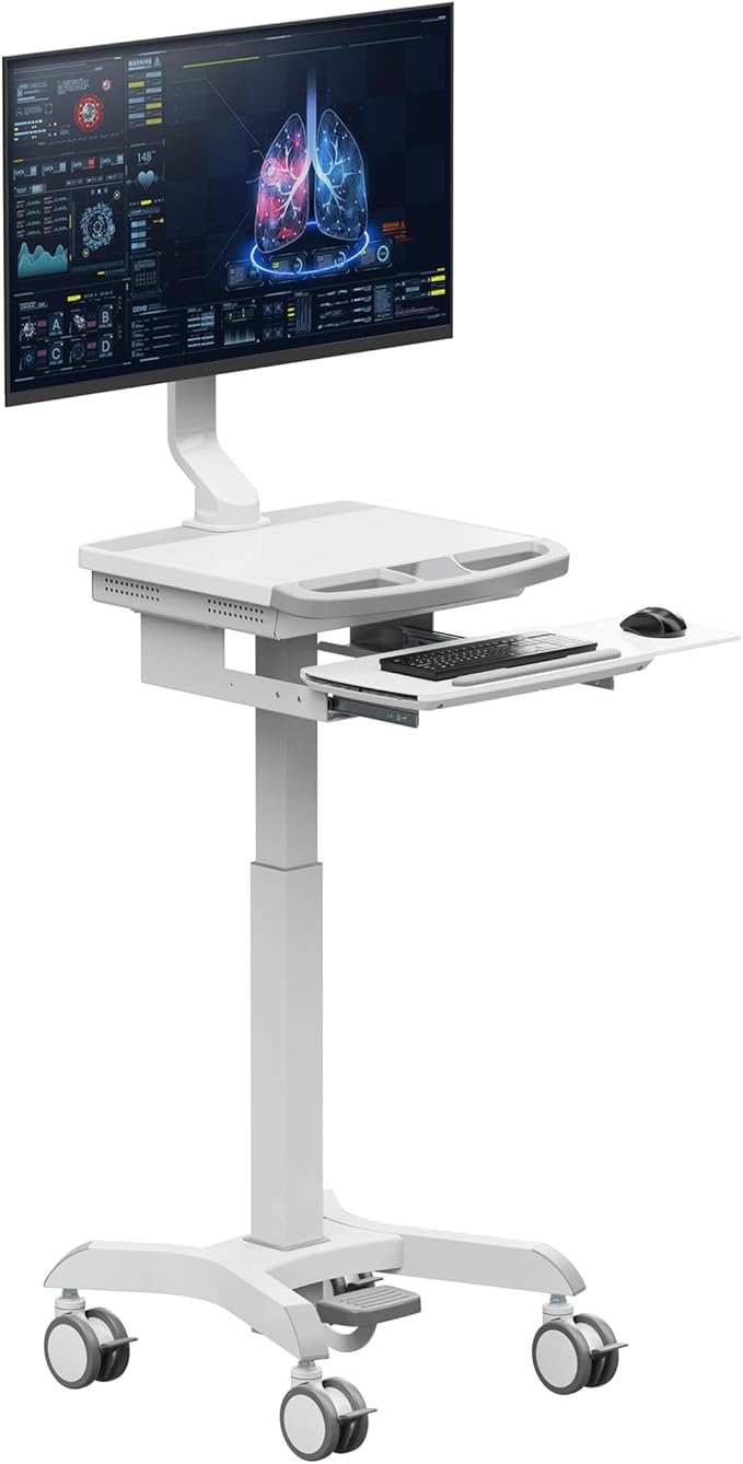 Mount Plus MB-C12 Mobile Height Adjustable Medical Workstation Cart with Retractable Keyboard, Mouse Tray, Large Tabletop (19.7" x19.3), Swivel Locking Casters for Hospitals, Dental and Clinic
