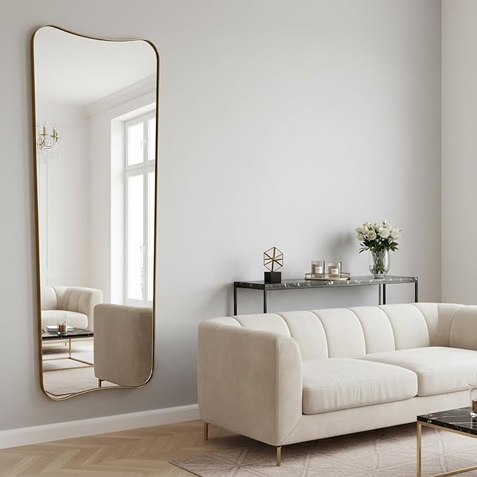 ANDY STAR Full Length Mirror 21" x 64", Gold Decorative Full Body Mirror with Stainless Steel Thin Frame, Italian Curved Edge Design, Wall Mount or Leaning for Bedroom, Cloakroom, Living Room