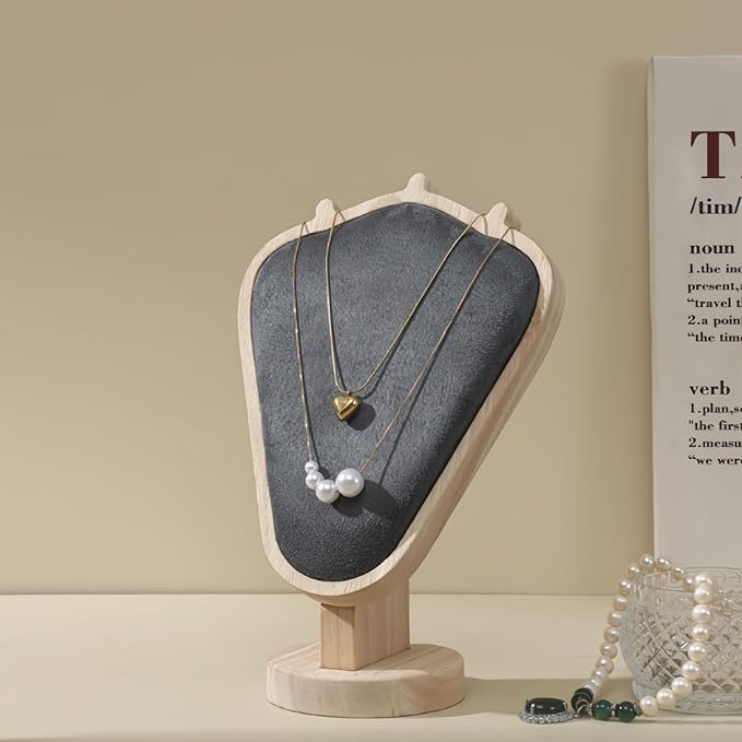 Natural Body Wood Necklace Display Stand with Gray Flannelette Soft Mat Necklace Holder Organizer Desktop Stand for Home Store Dresser-3.3"x5.8"x8.4"