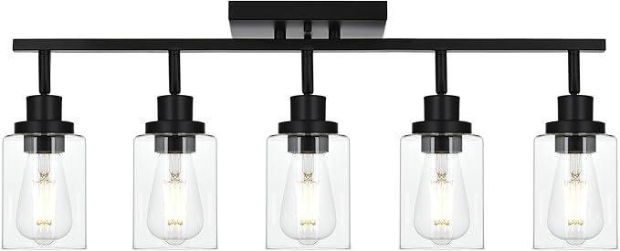5-Light Track Lighting Kit Black Track Lighting Fixtures Bathroom Wall Sconces Ceiling Mount Kitchen Tracking Lights, Rotatable Spotlight with Clear Glass Shade for Kitchen Shop Hallway