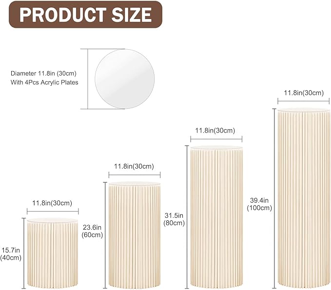 4Pack Cylinder Stands for Party, Foldable Cardboard Columns with 4 Clear Round Top Plates, Cake Display Pedestal Stand for Wedding Banquet Vendor Events Decorative