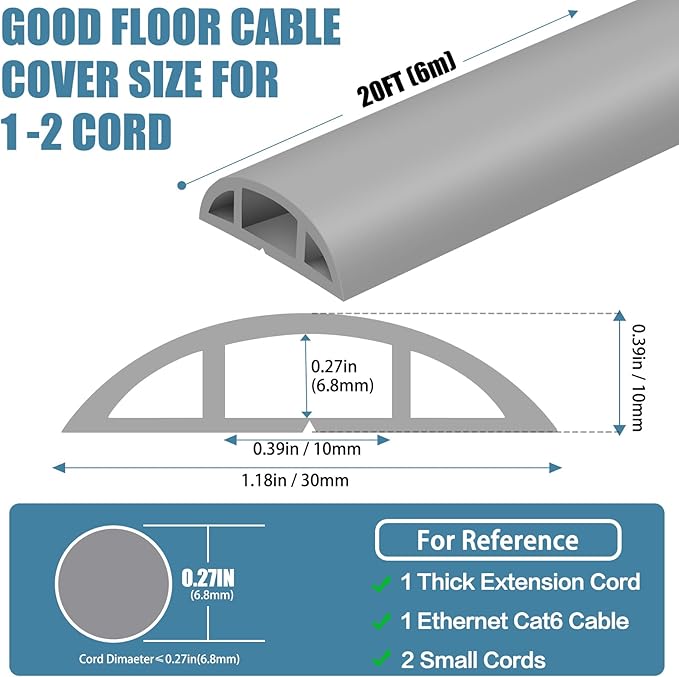 Floor Cord Covers for Wires 20FT Cable Hider Wire Cover Self Adhesive Cord Hider Floor for Offices, Homes, Workshops, Warehouses Cable Cavity 0.39" W x 0.27" H