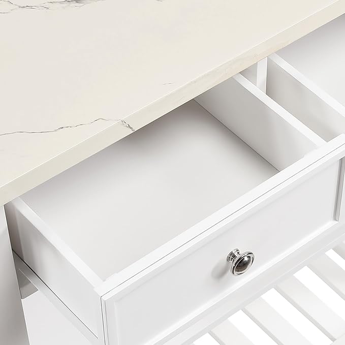 OSP Home Furnishings Litchfield Modern Farmhouse Kitchen Cart, Solid Wood Frame with Storage Drawers, Shelves, Locking Casters, White with Faux Marble Top