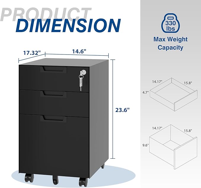 3 Drawer Vertical File Cabinet, Mobile Filling Cabinets with Lock for Legal/Letter Size, Pre-Built Office Storage File Cabinet with Wheels Under Desk - Fully Assembled