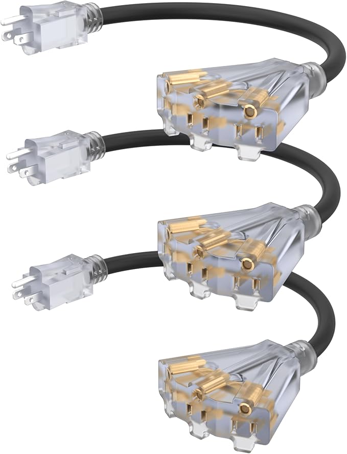 2FT 12 Gauge Outdoor Extension Cord with 3-Outlets, 3Pack, Heavy Duty 3 Prong Extension Cord Waterproof with Lighted end, 15A 12AWG 1875W SJTW, ETL Listed, Black