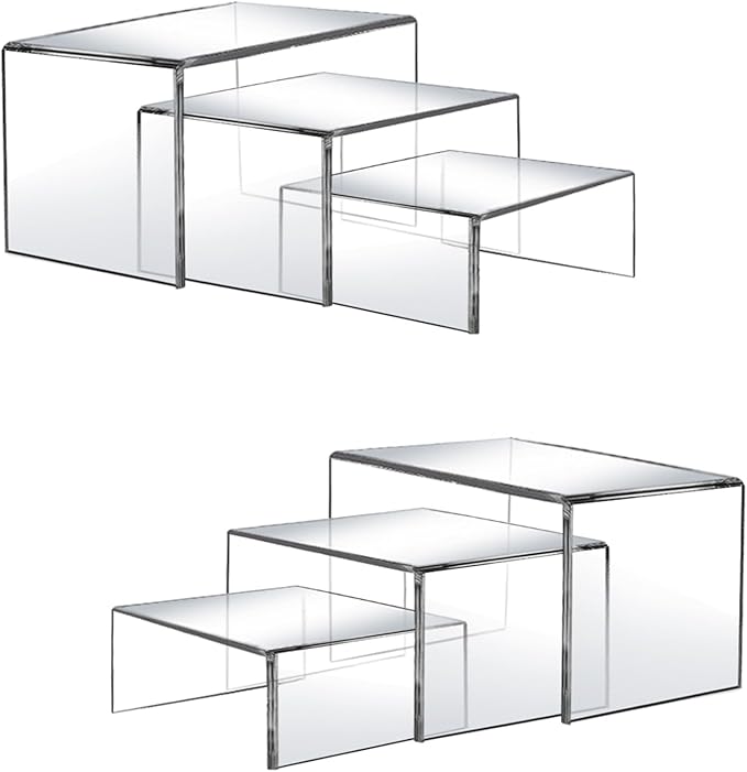 6 Pcs Acrylic Display Risers, 2 Sets Small Size Clear Shelf Riser, 0.15" Thick Acrylic Risers Display Stands, Clear Risers for Dessert, Cupcake, Candy, Figure Jewelry Showcase