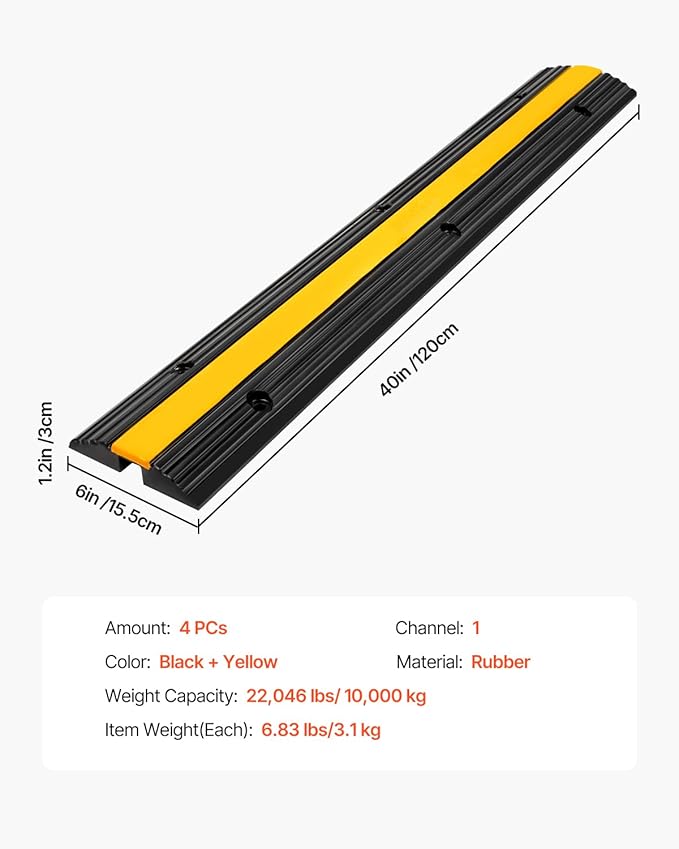 VEVOR 4 Pack of 1-Channel Rubber Cable Protector Ramps Heavy Duty 22046Lbs Load Capacity Cable Wire Cord Cover Ramp Speed Bump Driveway Hose Cable Ramp Protective Cover