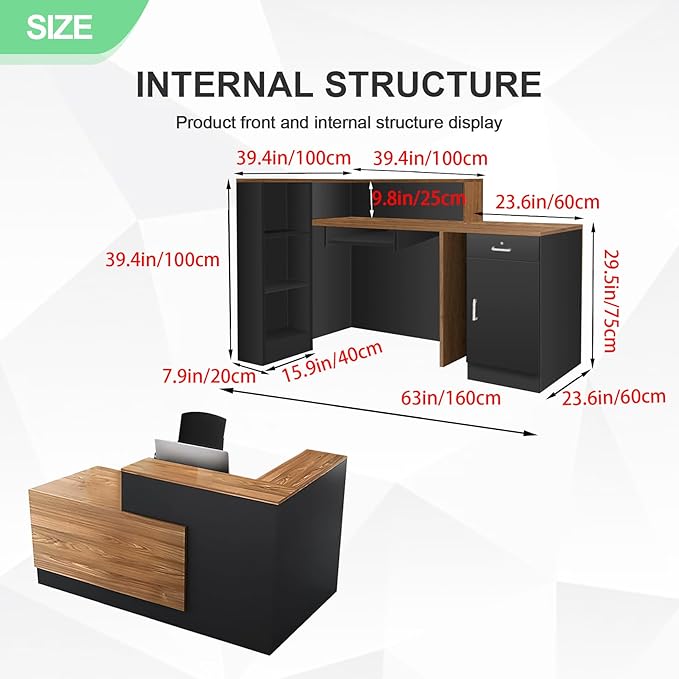 L Shaped Reception Desk with Lockable Drawer and Cable Grommets Front Desk Retail Checkout Counter Table for Salon Lobby Shop Office Reception Room Wood and Black Right 63inch/160cm