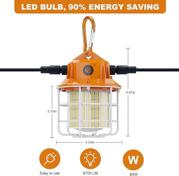 NS 60W Led Temporary Work Light 8700LM Construction Jobsite Lights 5000K Daylight White Portable Linkable Hanging Work Lights for Outdoor Indoor Garage Shop High Bay Warehouse Lighting