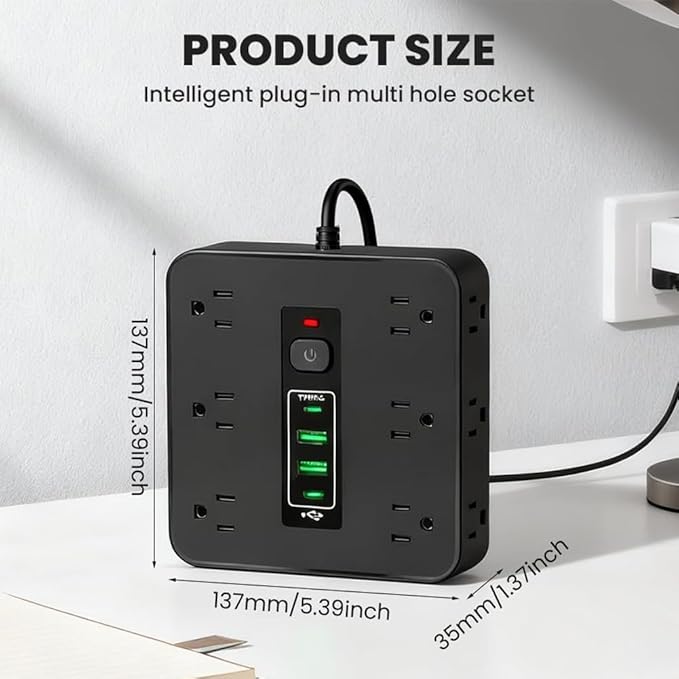16-in-1 Power Strip with Switch & Surge Protection, Travel Extension Cord with USB Ports, Outlet Electrical Extender, 6.5FT Extension Cord On/Off Switch, 16 Outlet USB-C Power Strip(Black)