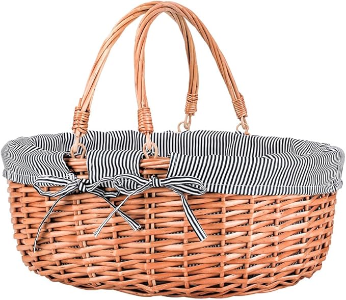 Large Wicker Picnic Basket with Handles,Handle Sturdy Woven Body with Removable and Washable Lining,Outdoor Camping,Gift Packing,Garden Picking, Storage.Gray