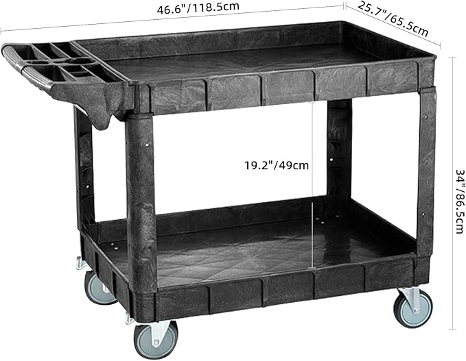 Larger 2 Tier Heavy Duty Utility Service Cart, 550 Capacity Work Cart on Rolling Utility Service Cart for Garden Garage Maintence Transporting (2 Tier, Large)