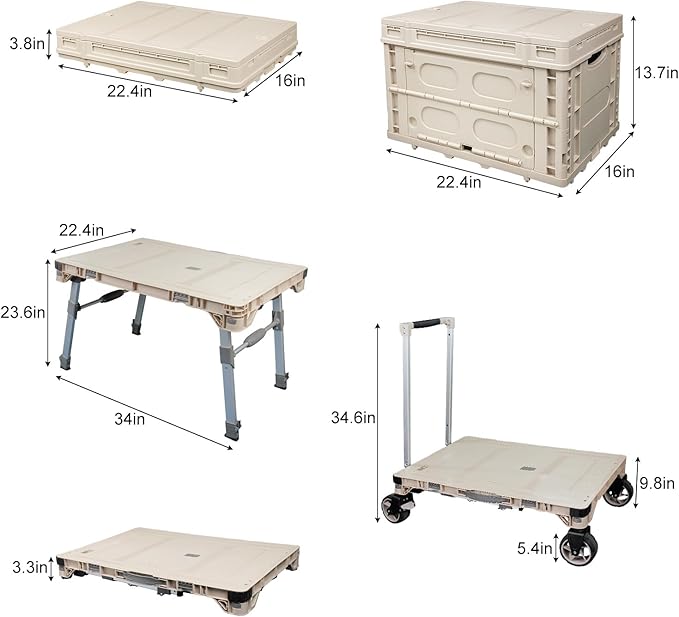 3 Pieces Camping Table Cart Set Multi-Purpose Used as Picnic Table & Dolly & Platform Truck 3-in-1 Wagon with Swivel Wheels for Camping Travel Shopping Outdoor (1 Cart and 2 Crates)