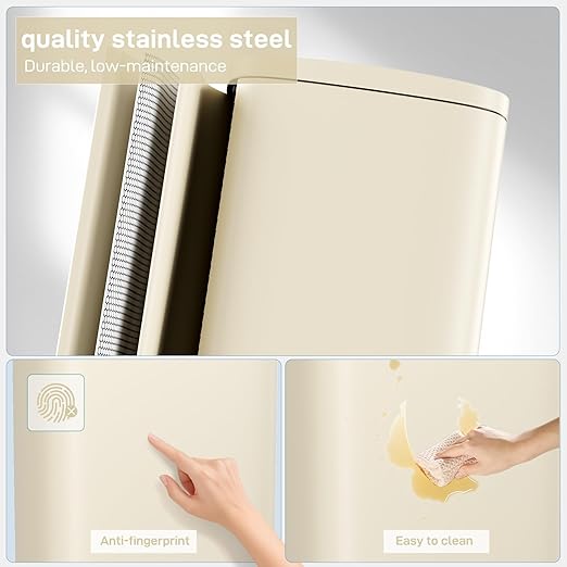 Arlopu 8/13.2 Gallon Step Trash Can, Stainless Steel Garbage Bin, Soft-Close Rubbish Bin with Removable Plastic Inner Bucket, Fingerprint-Proof, Lid Dustbin, Suit for Kitchen (Beige, 30L)