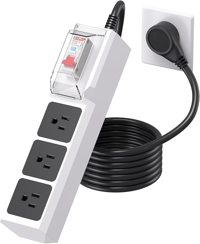 GFCI Power Strip with 10ft Heavy Duty Extension Cord, 3 Outlet (1875W/15A) with 30mA RCBO Circuit Breaker for Home, Factory Workshop, Garage, Covered Outdoor