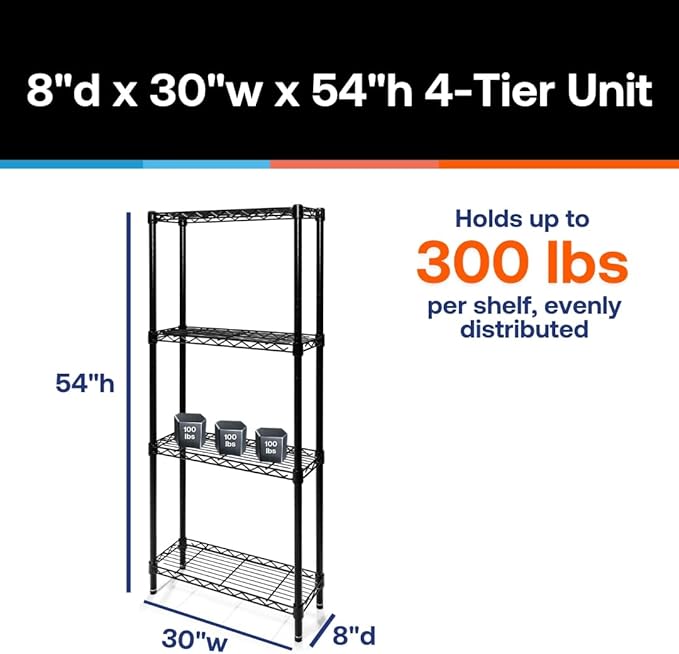 Shelving Inc. 8" d x 30" w x 54" h Black Wire Shelving with 4 Tier Shelves, Weight Capacity 300lbs Per Shelf