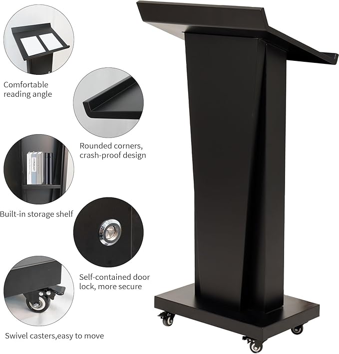 Tredre Metal Podium Stand with Wheels, Heavy-Duty Rolling Lectern for Classroom, Church & Office Presentations, Large Top, Locking Casters, Stable Base