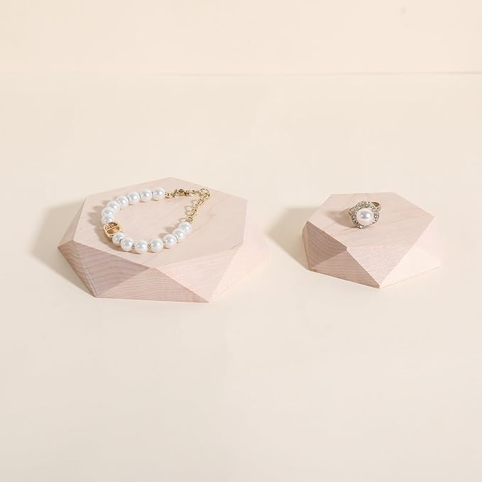 GemeShou 2pcs Wooden Jewelry display tray, Hexagon jewelry display riser, Jewelry retail shop photography props【Beech Hexagon tray-2pcs】
