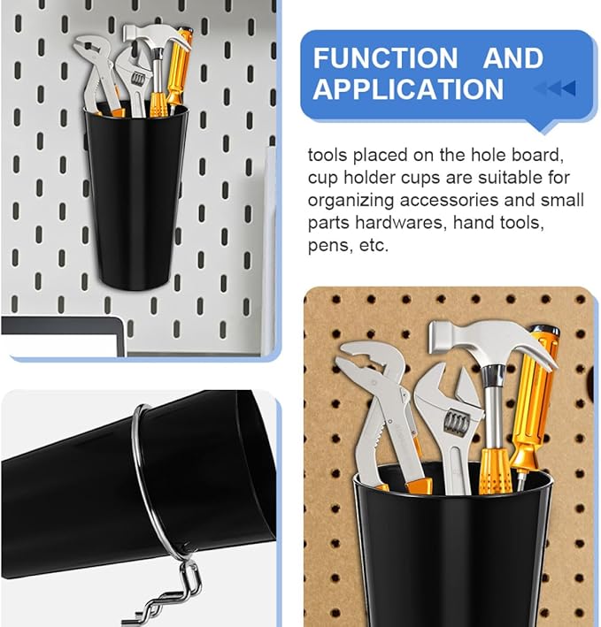 4 Sets Pegboard Hooks and Pegboard Cup Holders Kit with 8Cm Diameter Compatible with 500Ml Cups Multipurpose Workshop and Craft Room Organizer