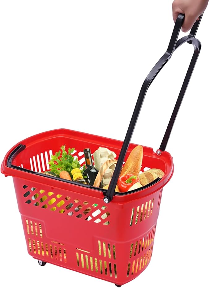 6PCS 35L Rolling Shopping Baskets with Wheels Portable Grocery Basket Set with Handles Plastic Shopping Cart for Supermarkets, Retail Stores, Bookstores (Red)