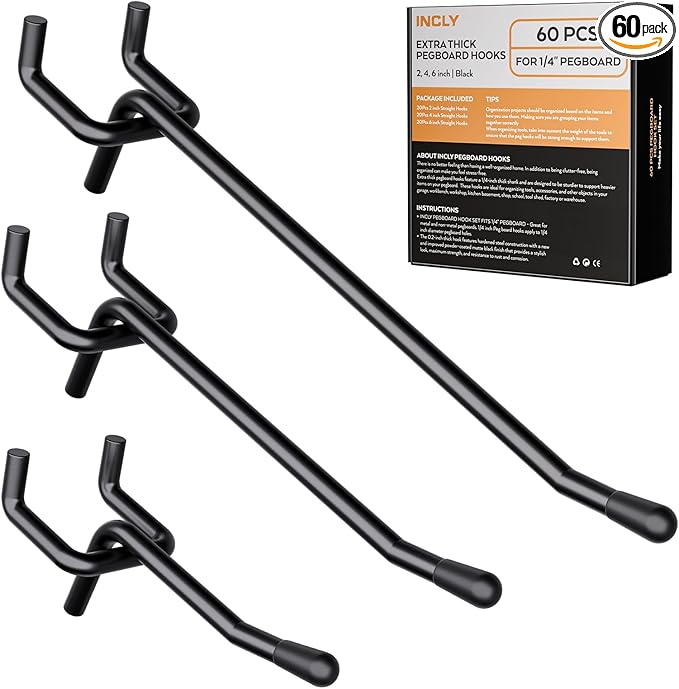 INCLY 60 Pack 2/4/6 Inch Black Pegboard Hooks, 1/4" Heavy Duty Peg Board Shelving Hooks Accessories, Peg Board Tool Hangers Fit for 1/4" Pegboard Hanging Tools Garage, Craft Organizing, Kitchen, Store