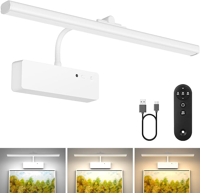Lightbiz Picture Light, 15.35inch 5400mAh Rechargeable Picture Lights for Wall Battery Operated Wall Lights with Remote, 3 Colors Paintings Light Dimmable Art Light for Artwork, Gallery (White)