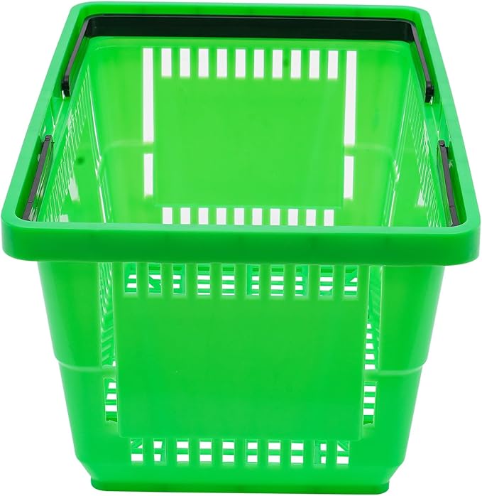 LOYALHEARTDY 12PCS Shopping Baskets with Handles, 21L Plastic Grocery Basket for Retail Store, Supermarket, Grocery Shopping |17" x 12" x 9" Portable Shop Basket (Green)