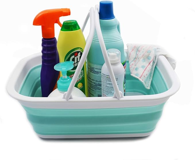 SAMMART 9.2L (2.37Gallon) Collapsible Tub with Handle - Portable Outdoor Picnic Basket/Crater - Foldable Shopping Bag - Space Saving Storage Container (Grey & Lake Green, 2)