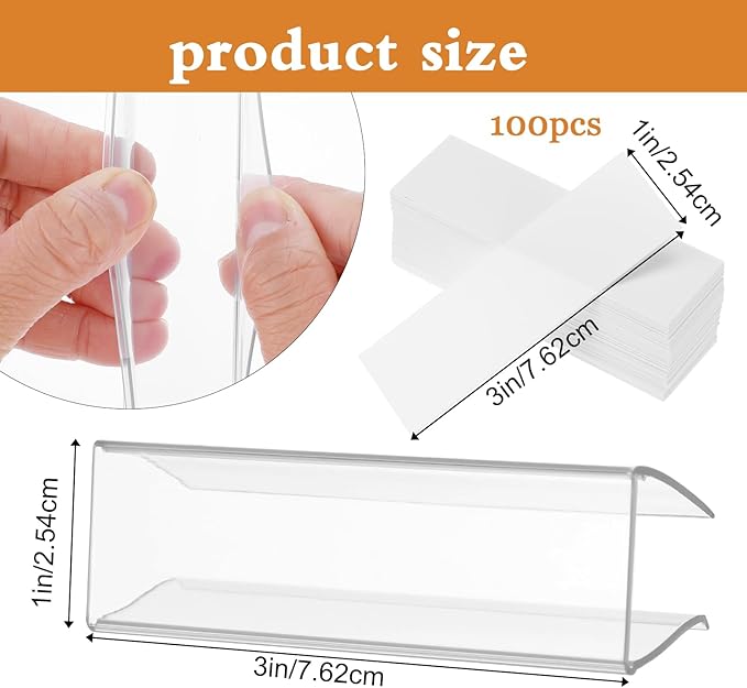 100 Pcs of 3" x 1" Clear Plastic Shelf Label Holders with 100 Label Inserts. Slide-in Tags Holder for Bookshelves, Wood Shelf Signs, Ticket Holders, and Wire Shelving.