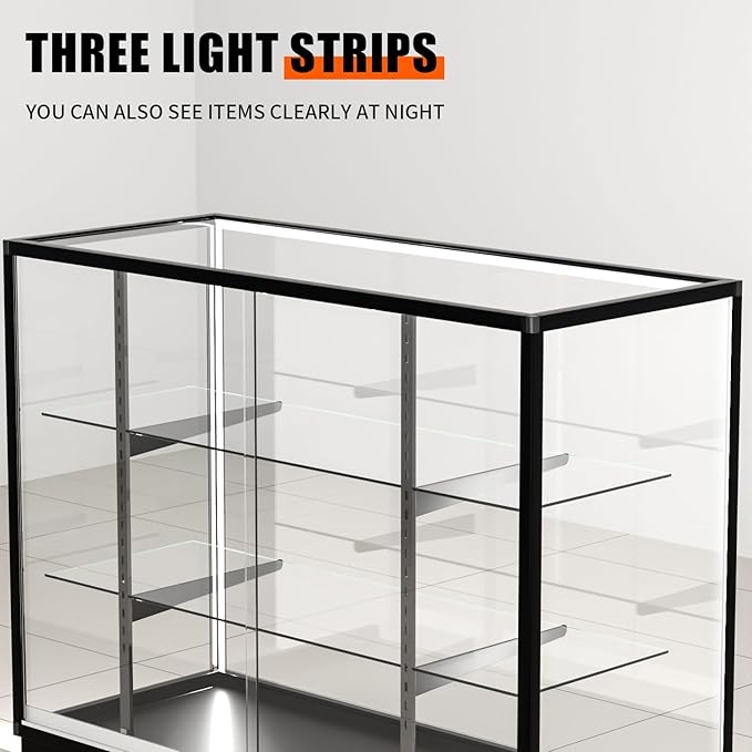 70”D * 20”W * 38”H - Freestanding Retail LED Full Vision Glass Display Case, Black Aluminum Frame, Two Adjustable Height Tempered Glass Shelves