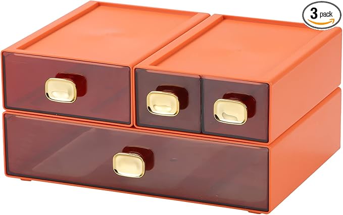 Spacious Desktop Storage Box, 1 Large 1 Middle & 2 Small Storage Drawers, Stackable Office Desk Drawer Organizer and Accessories, Printer Paper Organizer, Orange Plastic Drawers for Workspace
