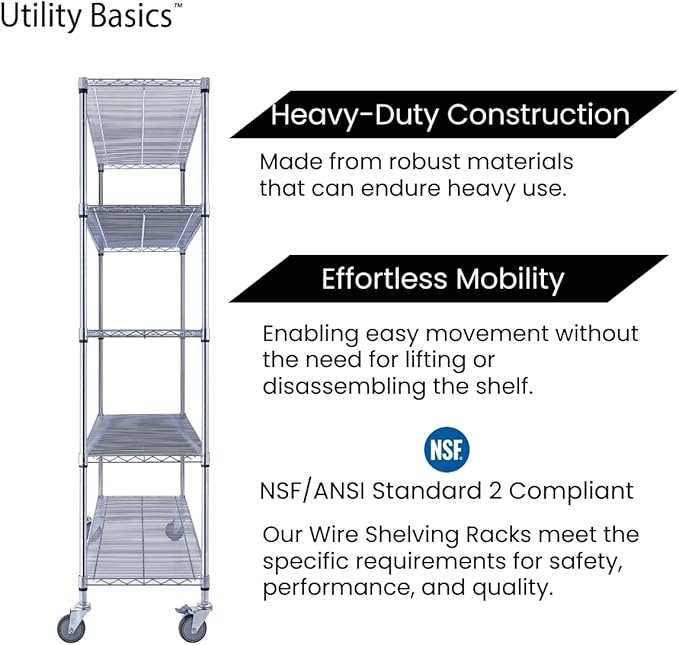 NSF Commercial 5-Tier Wire Shelving with Wheels, 60"x18"x72" Heavy Duty Metal Shelves 4000 lbs Max Capacity, Chrome Storage Rack for Garage Kitchen Pantry Warehouse