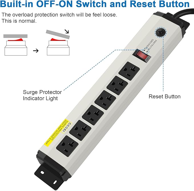 CCCEI 12 Gauge Heavy Duty Power Strip Surge Protector 4800J, 20 Amp 6 Plug Industrial Shop Garage Metal Multiple Outlets, 25 FT Extension Cord 5-15P Adapter High Amp 6-20R T-Slot 20a for Appliance.