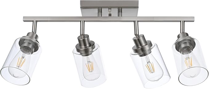 4 Light Track Lighting Fixtures Ceiling Kitchen Track Lighting Kit Brushed Nickel Bathroom Tracking Vanity Lights with Clear Glass Shade, Rotatable Spotlight for Accent Task Wall Art Hallway