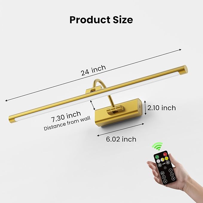 24" Picture Lights for Wall with 8000mAh Battery - Brass Operated Wireless Wall Art Light with Remote Control for Large Portrait & Paintings Art