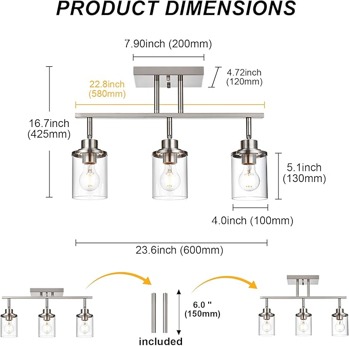 Yaohong 3-Light Track Lighting Kit Brushed Nickel Track Lighting Fixtures, Bathroom Wall Light Ceiling Mount Rotatable Spotlights, Kitchen Ceiling Light Fixtures with Glass Shade for Bathroom Hallway