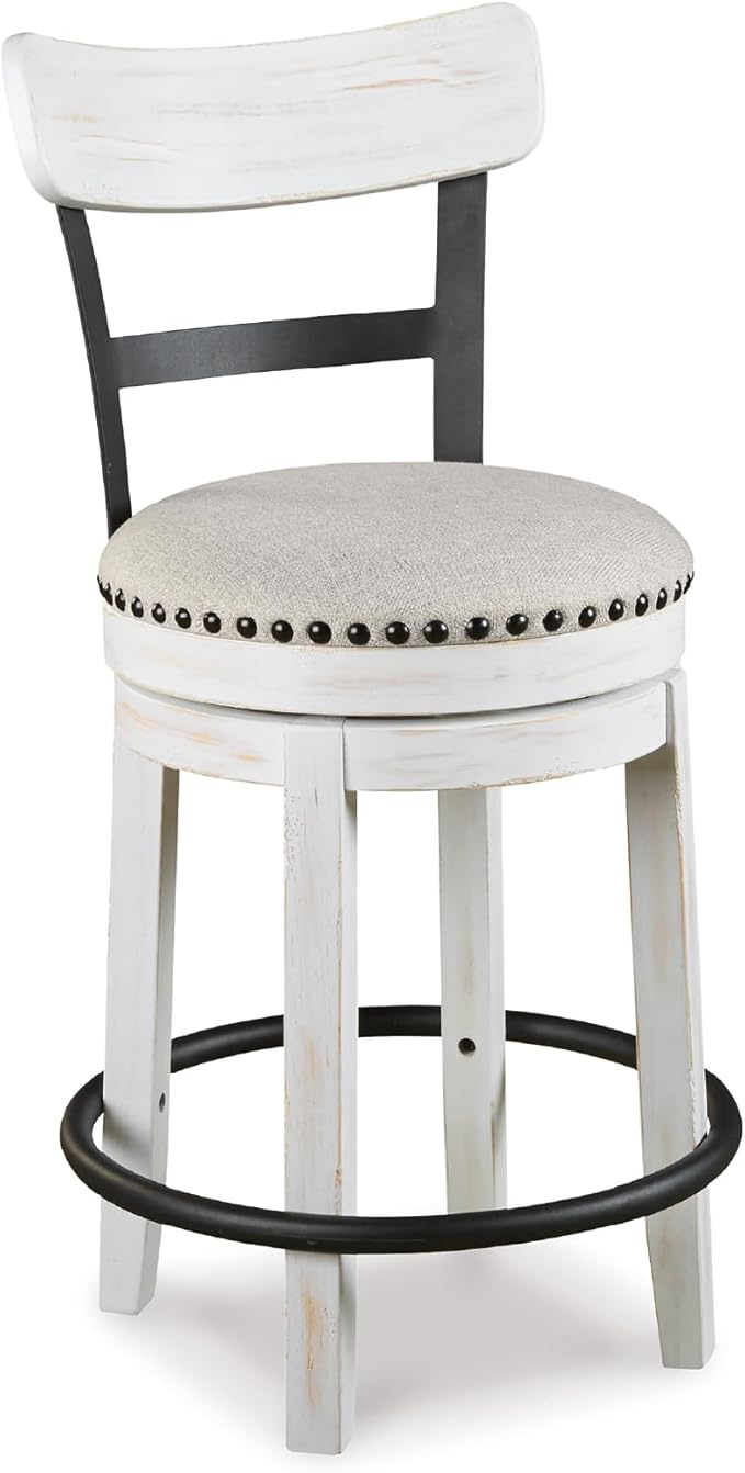 Signature Design by Ashley Valebeck | Modern Swivel 24.5" Counter Height Barstool – Rustic-Industrial Whitewash, Upholstered Cushion, 360° Swivel, Nailhead Trim
