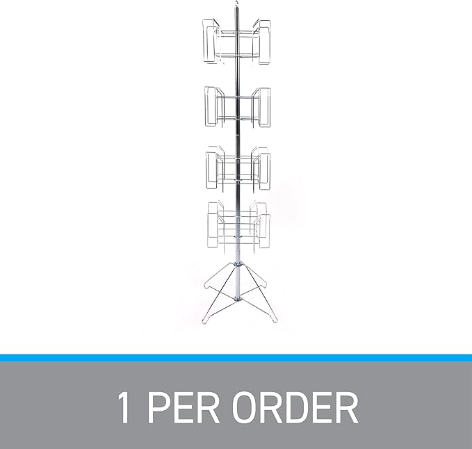 SSWBasics 4-Tier Chrome Rotating Standing Literature Rack - 64'H x 16"D - 16 Pockets Total - Sleek Floor Standing Book Display Rack for Periodicals - Sturdy Comic Book Display Stand for Magazines,