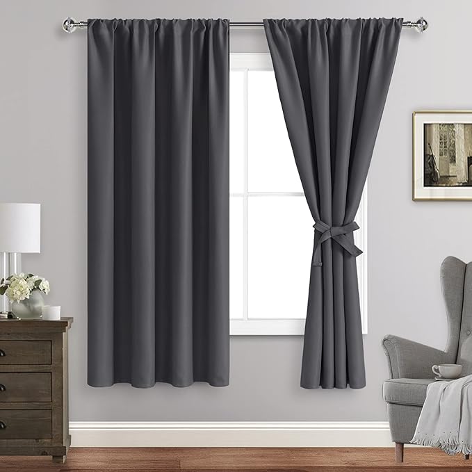JIUZHEN Blackout Curtains for Bedroom– Thermal Insulated,Noise Reducing Room Darkening Rod Pocket Curtains for Living Room, Set of 2 Panels with Tiebacks, 42 x 63 inch Long, Dark Grey